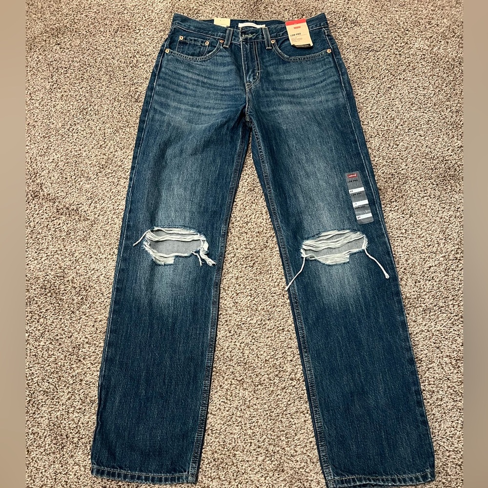 Levi's Blue Straight-Leg Jeans with Distressed Knees